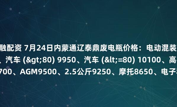 宝融配资 7月24日内蒙通辽泰鼎废电瓶价格：电动混装9850、大干9350、汽车 (>80) 9950、汽车 (<=80) 10100、高板10000、电轿9700、AGM9500、2.5公斤9250、摩托8650、电子秤6000。（单位：元/吨）（2025年7月31日前到公司卸完车加100元/吨）